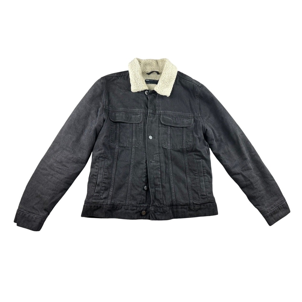 ASOS DESIGN Trucker Jacket Men S Black 100% Cotton Denim Sherpa Lined Pockets